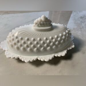 Vintage Fenton Hobnail Oval Milkglass Covered Butter Dish Scalloped Rim
